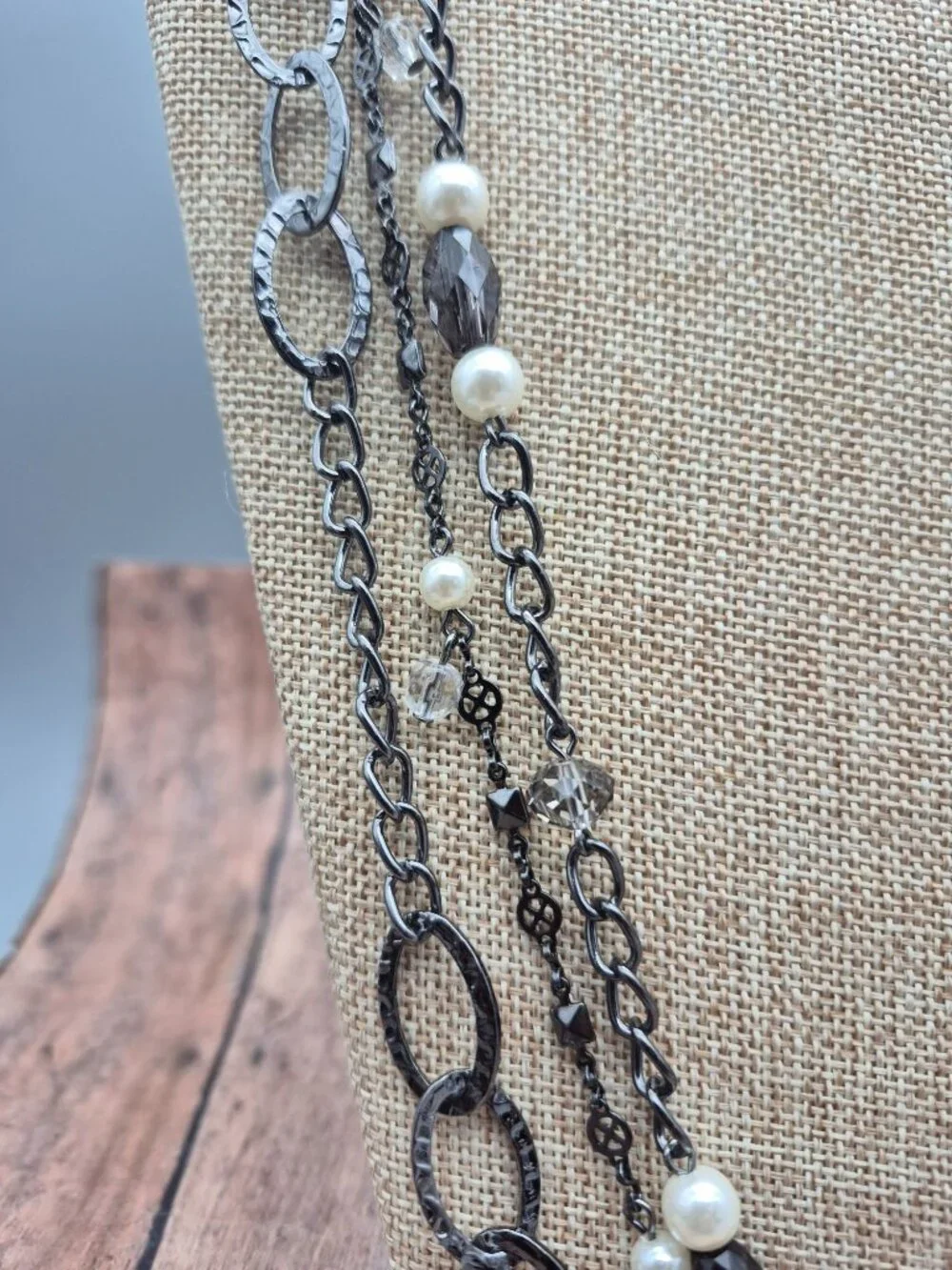 Premier Design Gun Metal Chain Necklace Faux Pearls Hammered Links Multi Strand